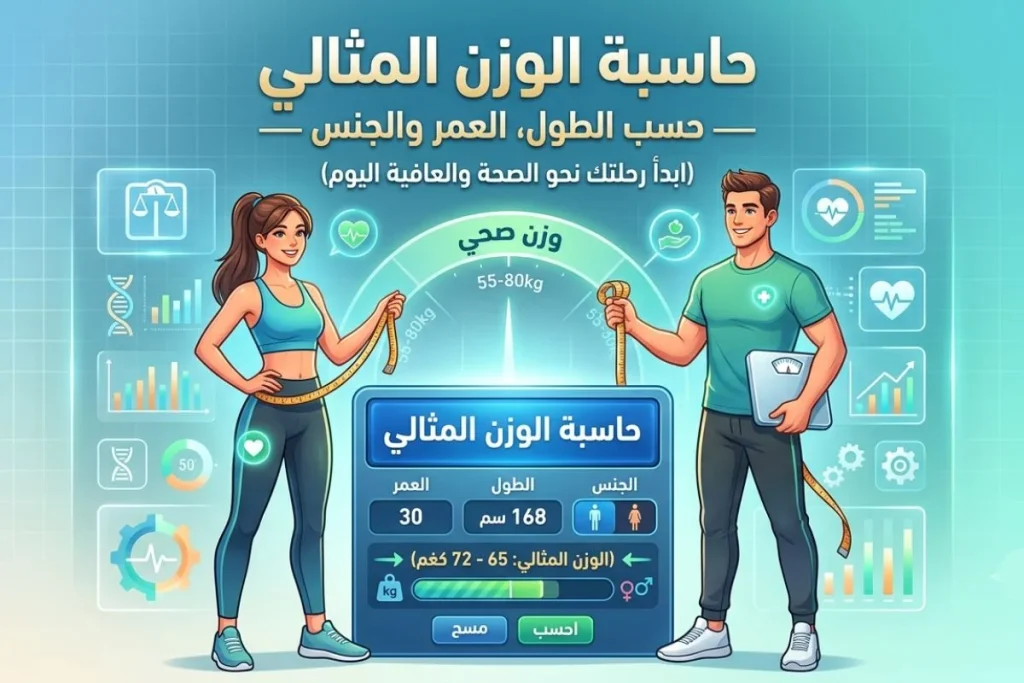 حاسبة الوزن المثالي — حسب الطول والعمر والجنس